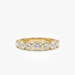 0.95 ctw 14k Bezel Setting Emerald Cut & Round Lab Grown Diamond Wedding Ring - Sarah