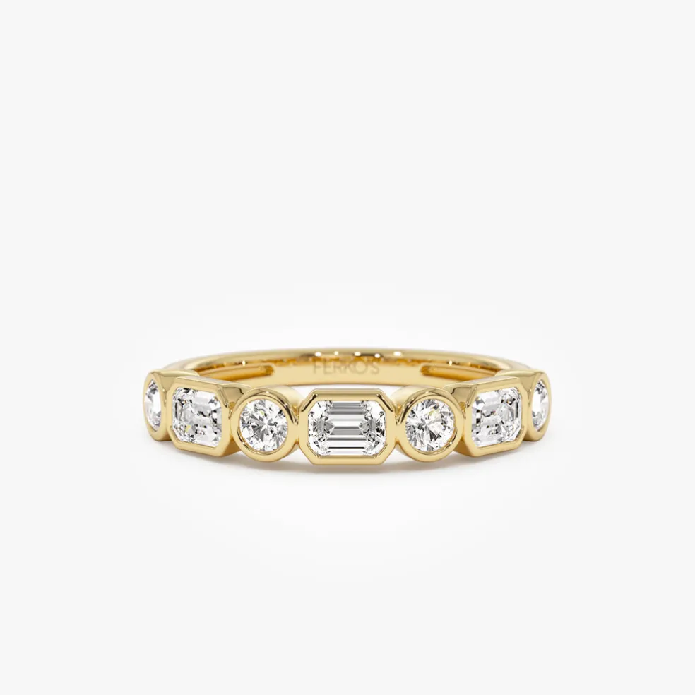 0.95 ctw 14k Bezel Setting Emerald Cut & Round Lab Grown Diamond Wedding Ring - Sarah