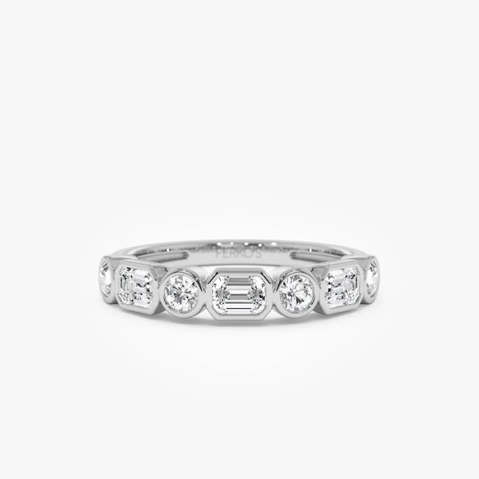 0.95 ctw 14k Bezel Setting Emerald Cut & Round Lab Grown Diamond Wedding Ring - Sarah