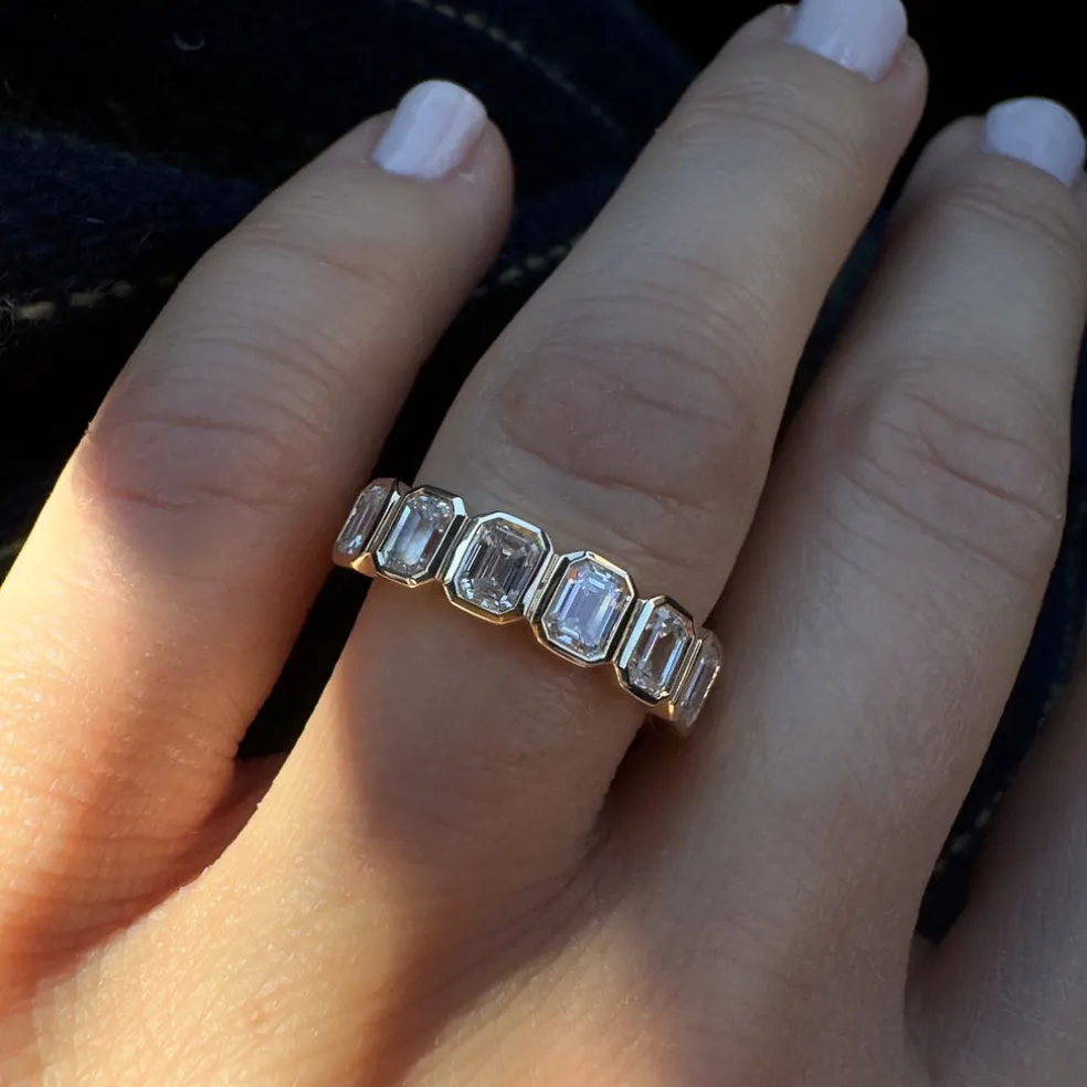1.90 ctw 14k Bezel Setting Nine Stone Emerald Cut Lab Grown Diamond Wedding Ring - Victoria