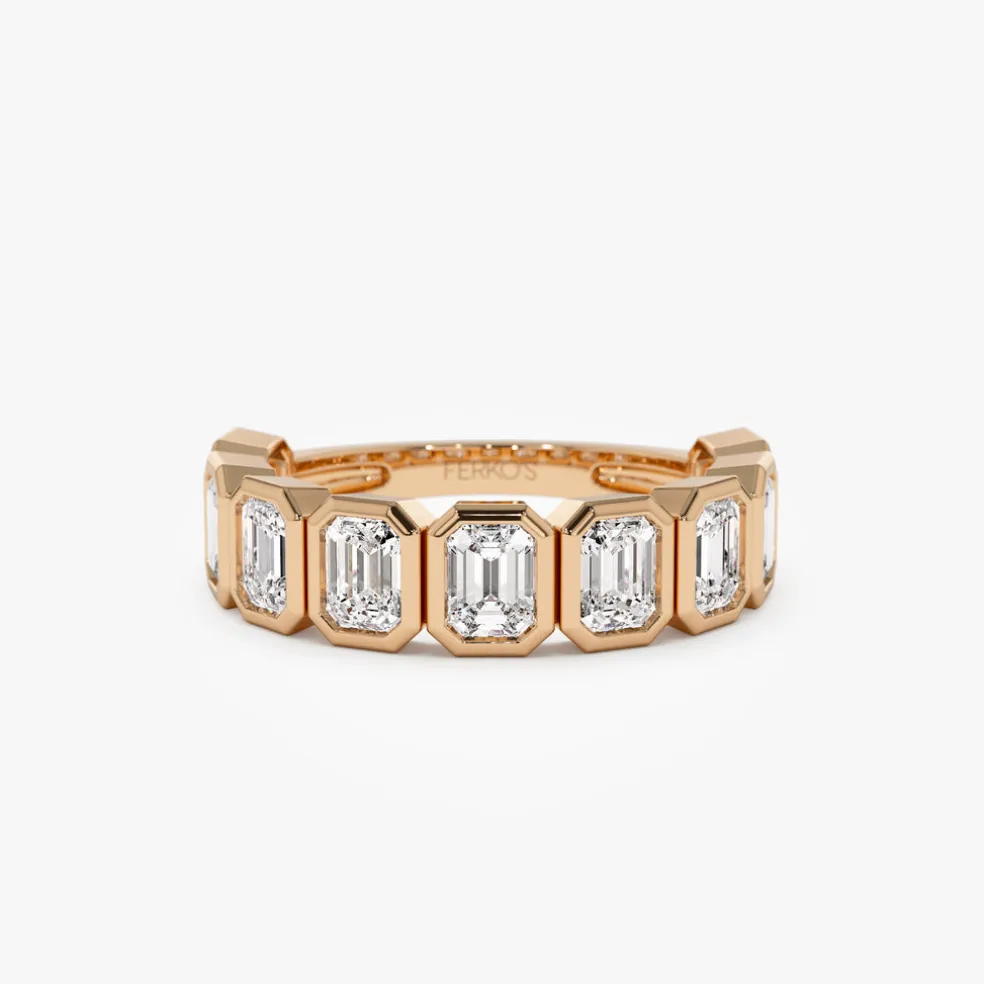 1.90 ctw 14k Bezel Setting Nine Stone Emerald Cut Lab Grown Diamond Wedding Ring - Victoria