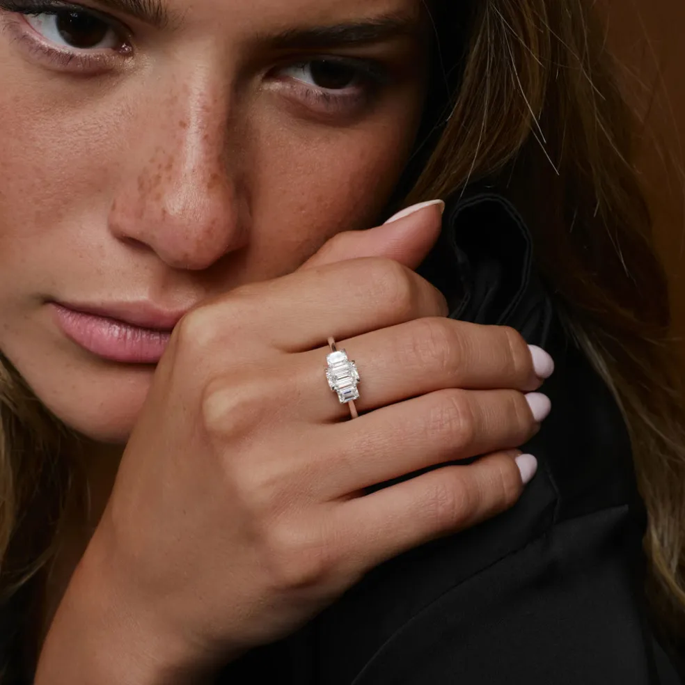 1.50 ctw 14k Emerald Cut Lab-Grown Diamond Three Stone Engagement Ring - Julie
