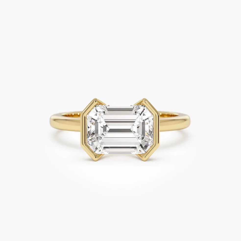 2.00 ctw 14K Half Bezel East-West Emerald Cut Lab Grown Engagement Ring - Amelia