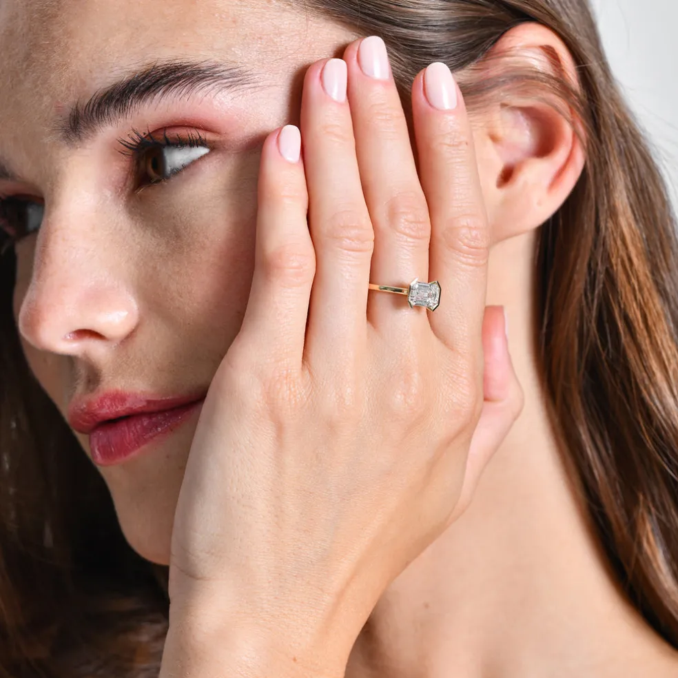 2.00 ctw 14K Half Bezel East-West Emerald Cut Lab Grown Engagement Ring - Amelia