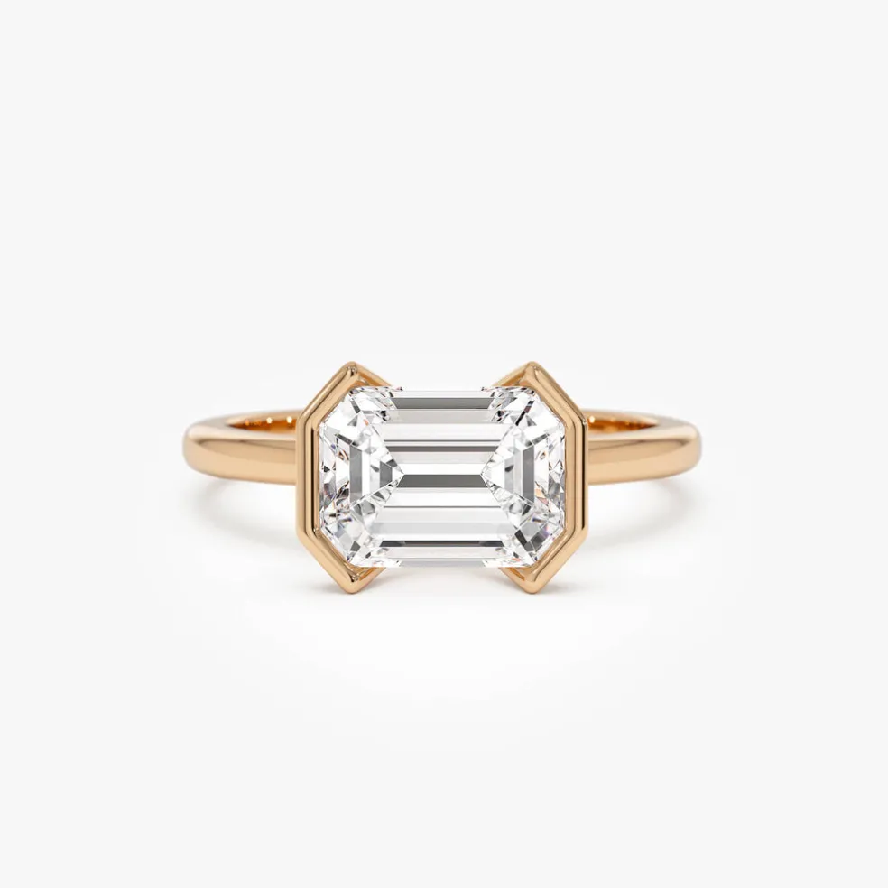 2.00 ctw 14K Half Bezel East-West Emerald Cut Lab Grown Engagement Ring - Amelia