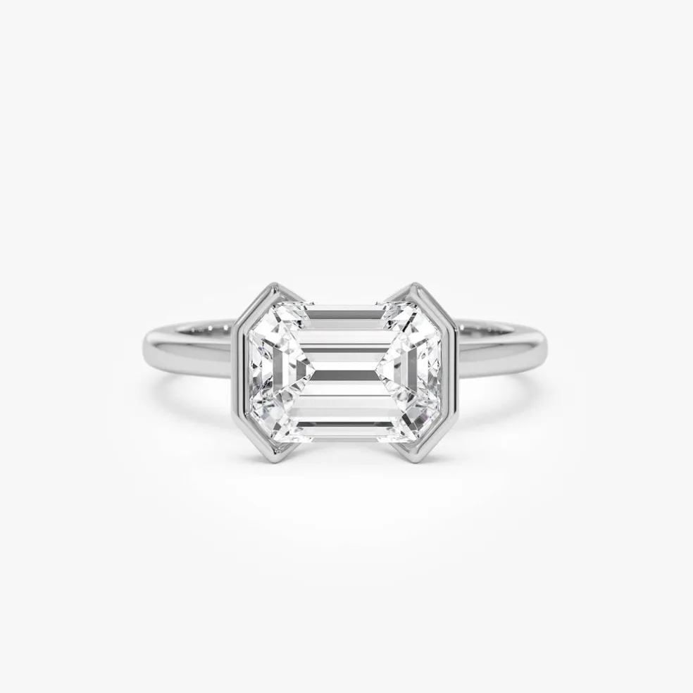 2.00 ctw 14K Half Bezel East-West Emerald Cut Lab Grown Engagement Ring - Amelia