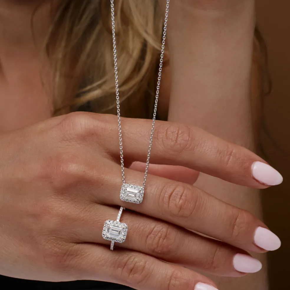 0.90 ctw 14K Halo Setting Emerald Cut Lab Grown Diamond Necklace - Taylor