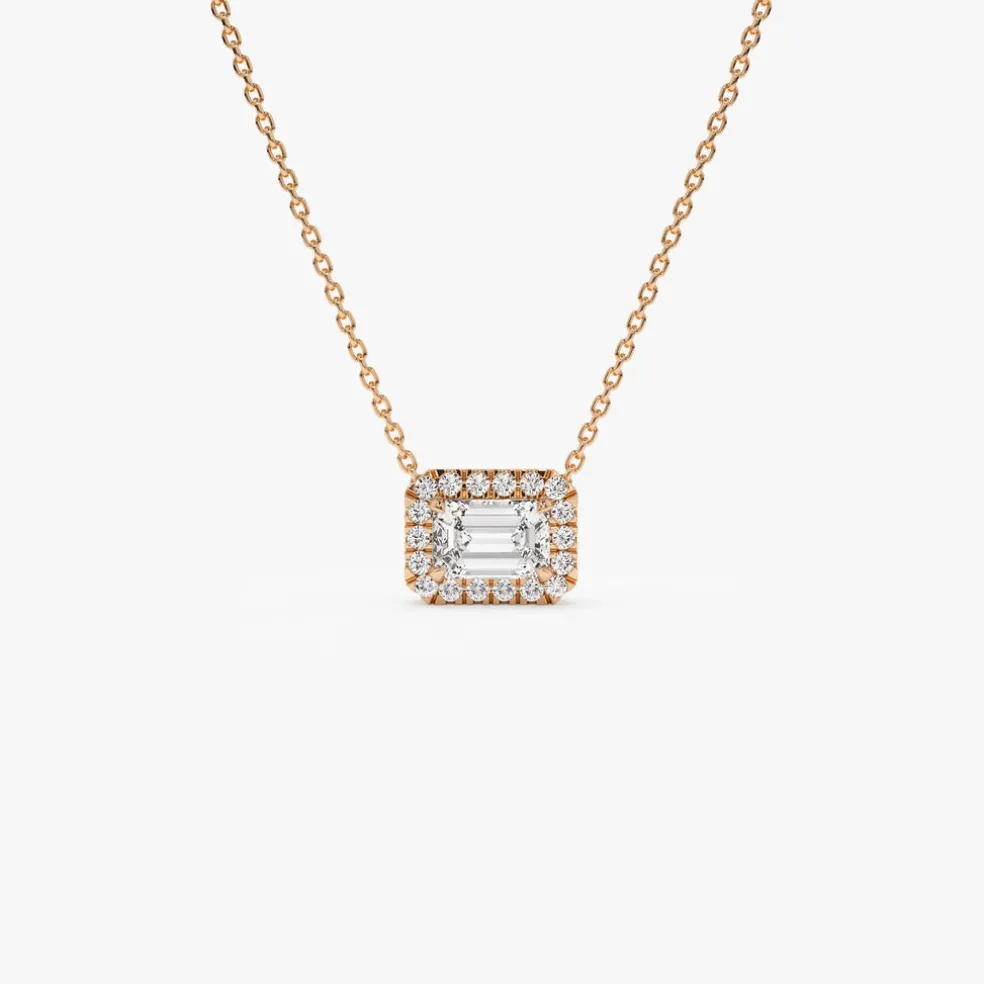 0.90 ctw 14K Halo Setting Emerald Cut Lab Grown Diamond Necklace - Taylor