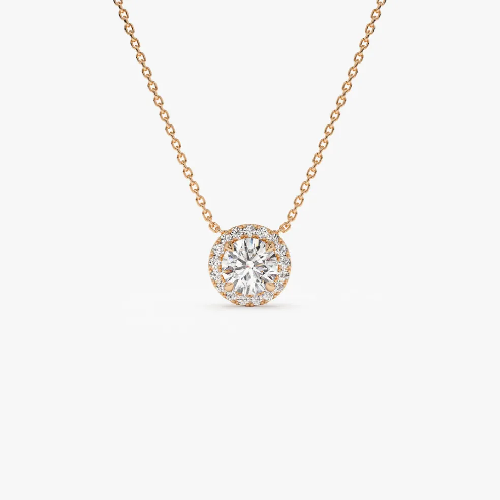 0.90 ctw 14K Halo Setting Round Brilliant Cut Lab Grown Diamond Necklace - Ana
