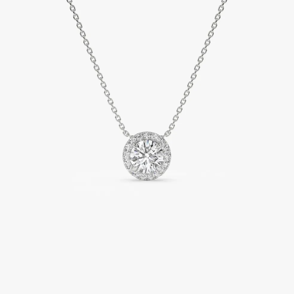 0.90 ctw 14K Halo Setting Round Brilliant Cut Lab Grown Diamond Necklace - Ana