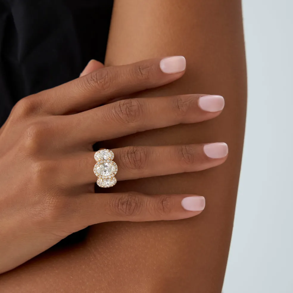 3.35 ctw Three Stone Halo Oval Lab Grown Engagement Ring - Ashley