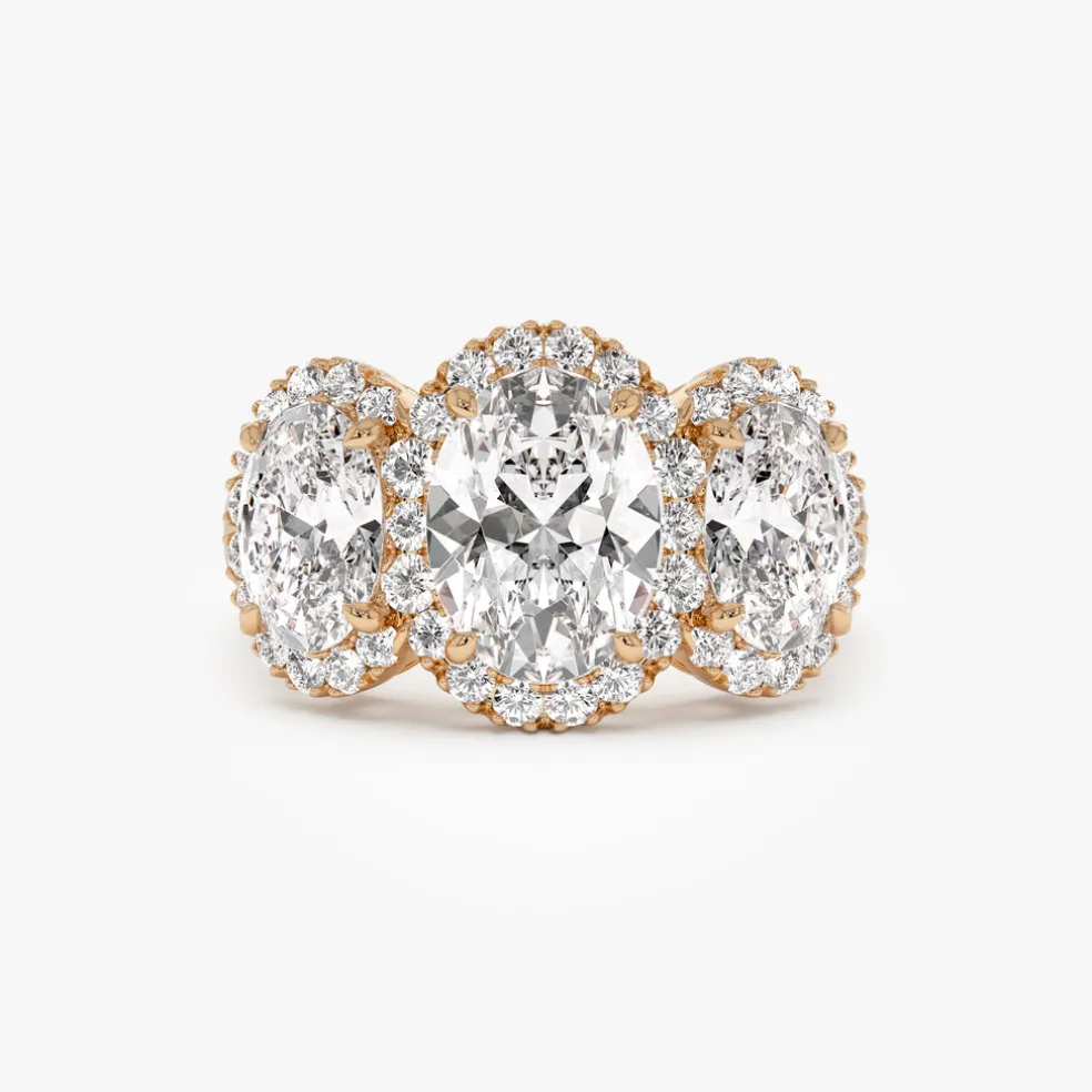 3.35 ctw Three Stone Halo Oval Lab Grown Engagement Ring - Ashley