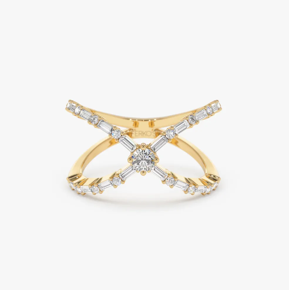 Baguette & Round Diamond Crisscross Ring in 14k Gold