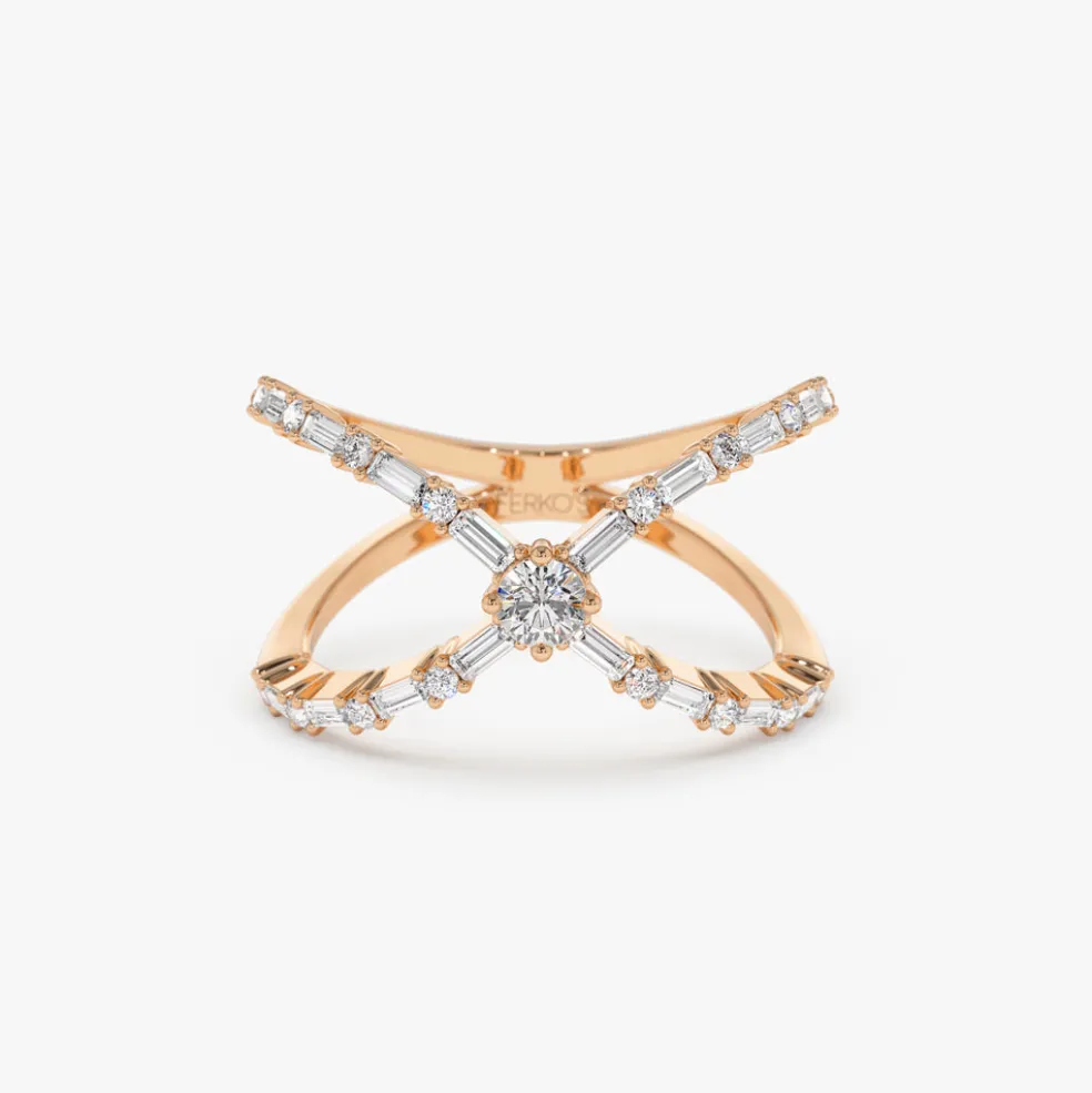 Baguette & Round Diamond Crisscross Ring in 14k Gold
