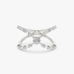 Baguette & Round Diamond Crisscross Ring in 14k Gold