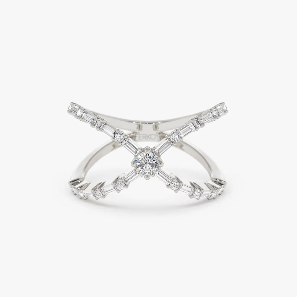 Baguette & Round Diamond Crisscross Ring in 14k Gold