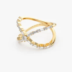 Baguette & Round Diamond Crisscross Ring in 14k Gold
