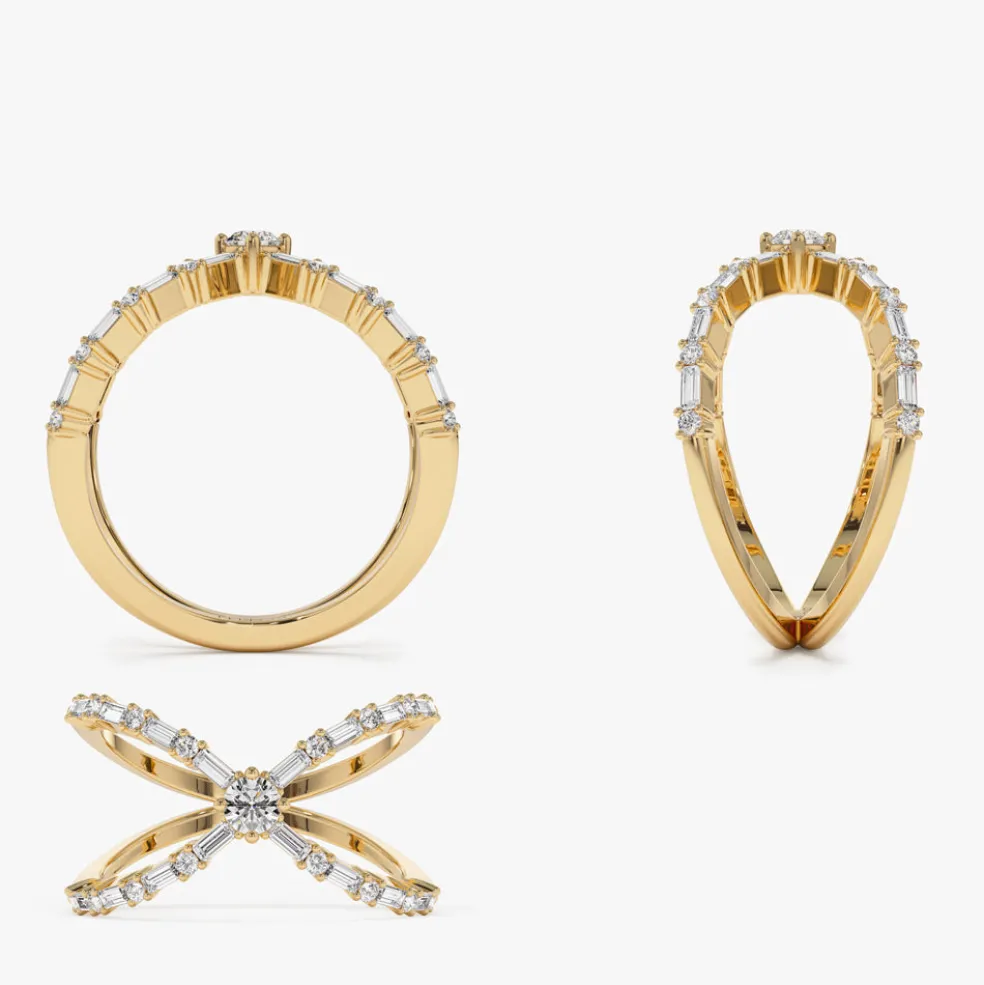 Baguette & Round Diamond Crisscross Ring in 14k Gold
