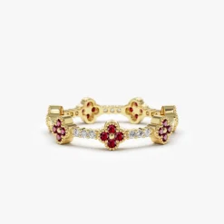 Full Eternity Clover Ruby and Diamond Ring in 14k Gold