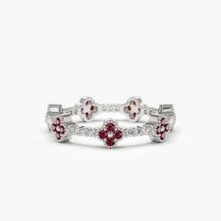 Full Eternity Clover Ruby and Diamond Ring in 14k Gold