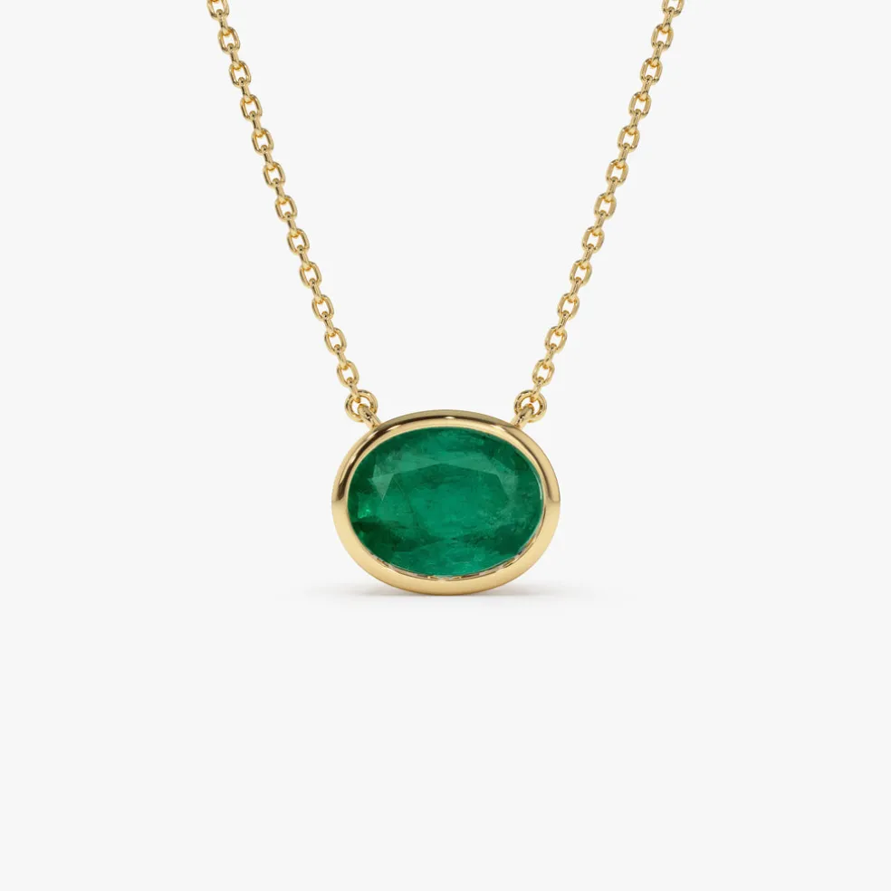 14k 1.55 - 2.20 Ctw Oval Shaped Bezel Setting Emerald Necklace