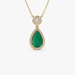 14k 2.00 Ctw Pear Shape Emerald and Diamond Halo Setting Necklace