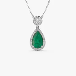14k 2.00 Ctw Pear Shape Emerald and Diamond Halo Setting Necklace