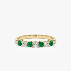 14k 7 Stone Basket Setting Diamond and Emerlad Wedding Ring