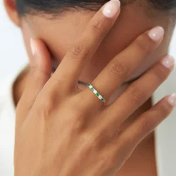 14k 7 Stone Basket Setting Diamond and Emerlad Wedding Ring