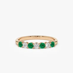 14k 7 Stone Basket Setting Diamond and Emerlad Wedding Ring