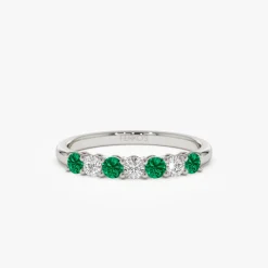14k 7 Stone Basket Setting Diamond and Emerlad Wedding Ring