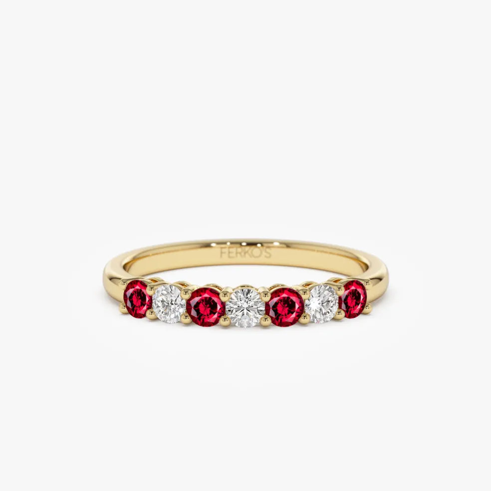 14k 7 Stone Basket Setting Diamond and Ruby Wedding Ring