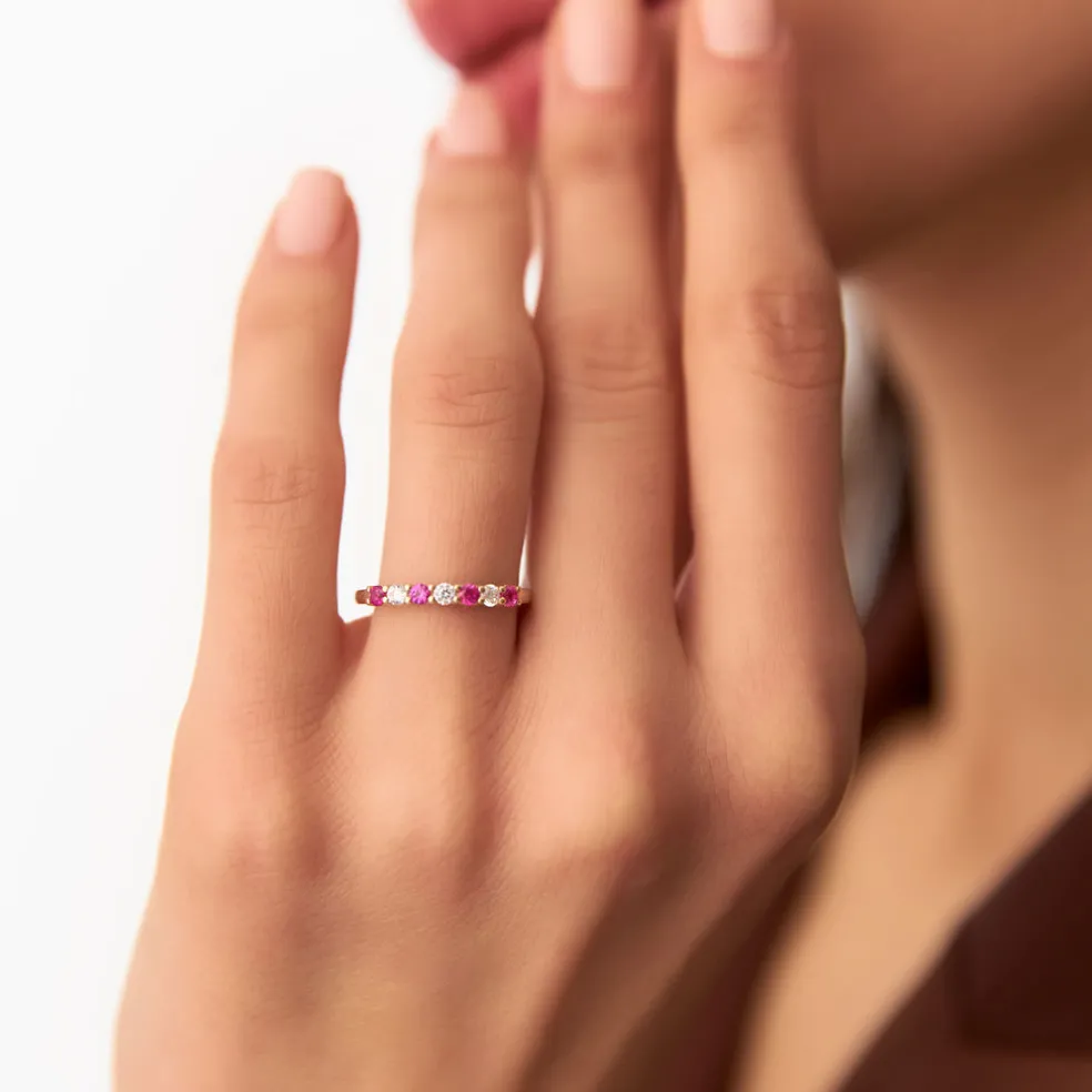 14k 7 Stone Basket Setting Diamond and Ruby Wedding Ring