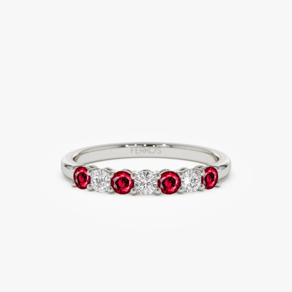 14k 7 Stone Basket Setting Diamond and Ruby Wedding Ring