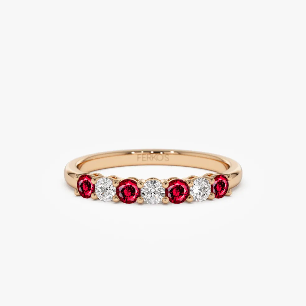 14k 7 Stone Basket Setting Diamond and Ruby Wedding Ring