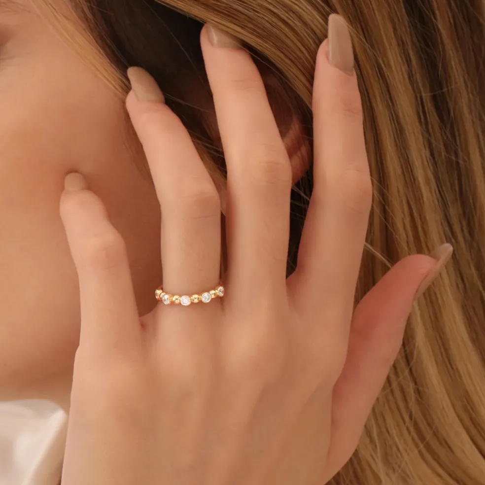 14k Alternating Beads & Bezel Setting Diamond Ring