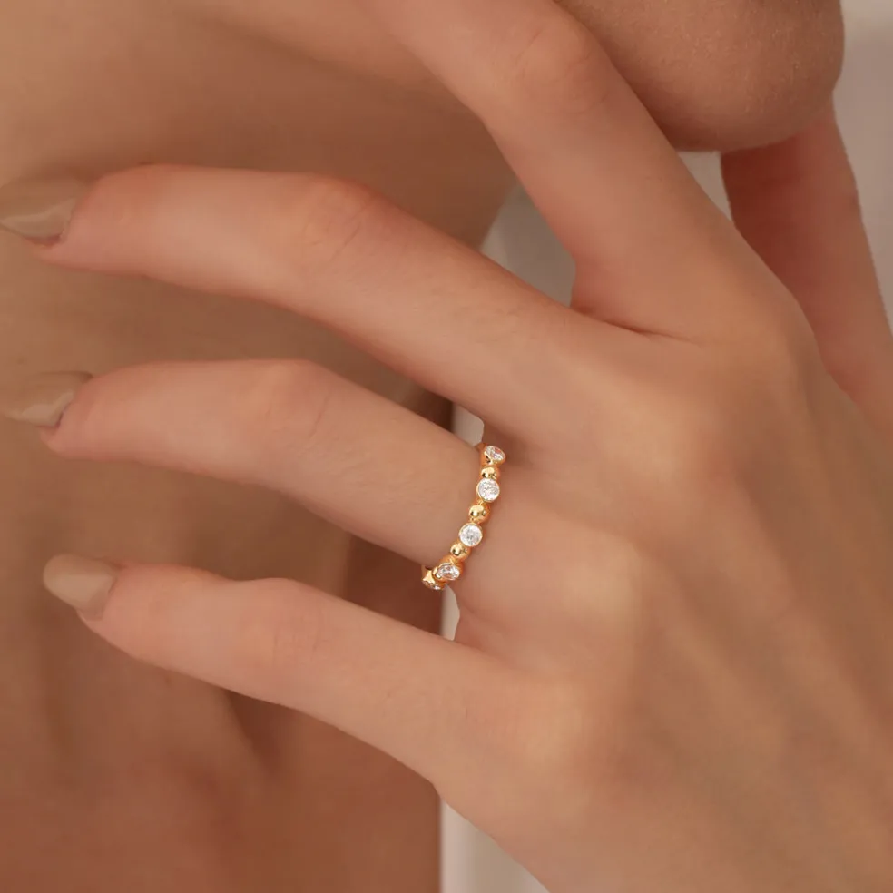 14k Alternating Beads & Bezel Setting Diamond Ring
