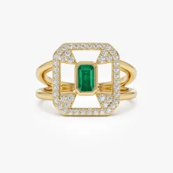 14k Art Deco Design Emerald Halo Ring