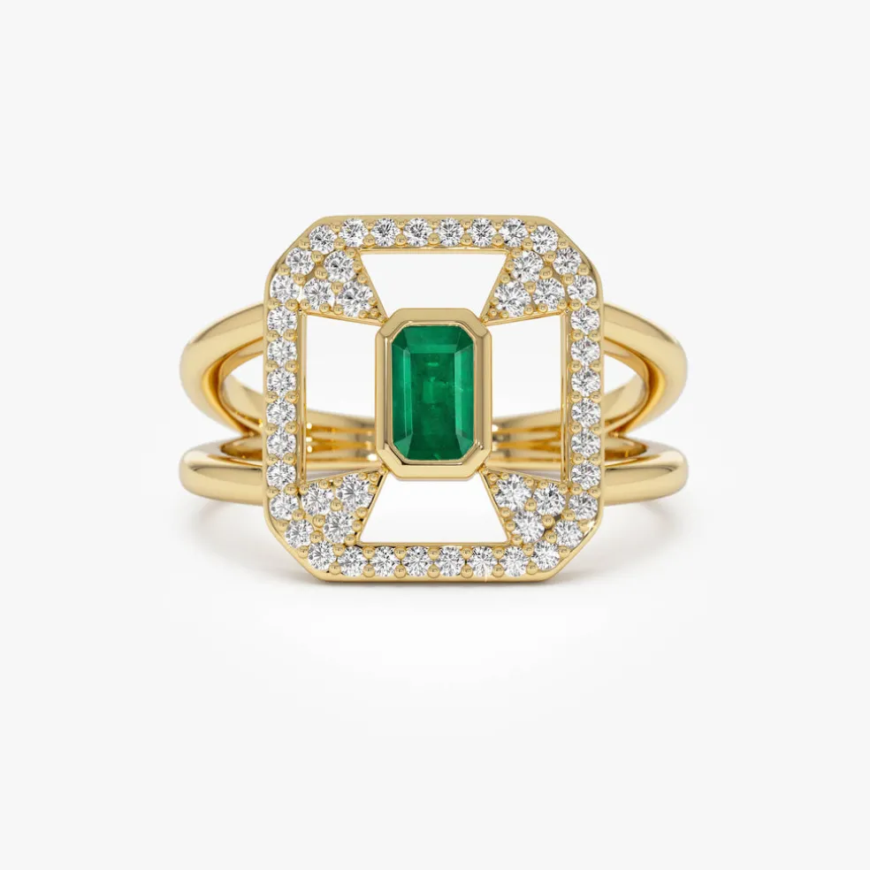 14k Art Deco Design Emerald Halo Ring