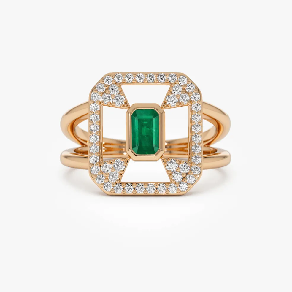 14k Art Deco Design Emerald Halo Ring