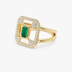 14k Art Deco Design Emerald Halo Ring