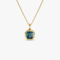 14K Asscher Cut Bezel Set London Blue Topaz Necklace