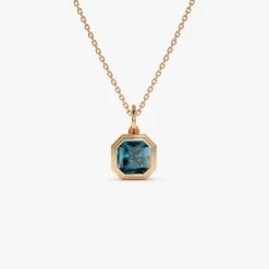 14K Asscher Cut Bezel Set London Blue Topaz Necklace