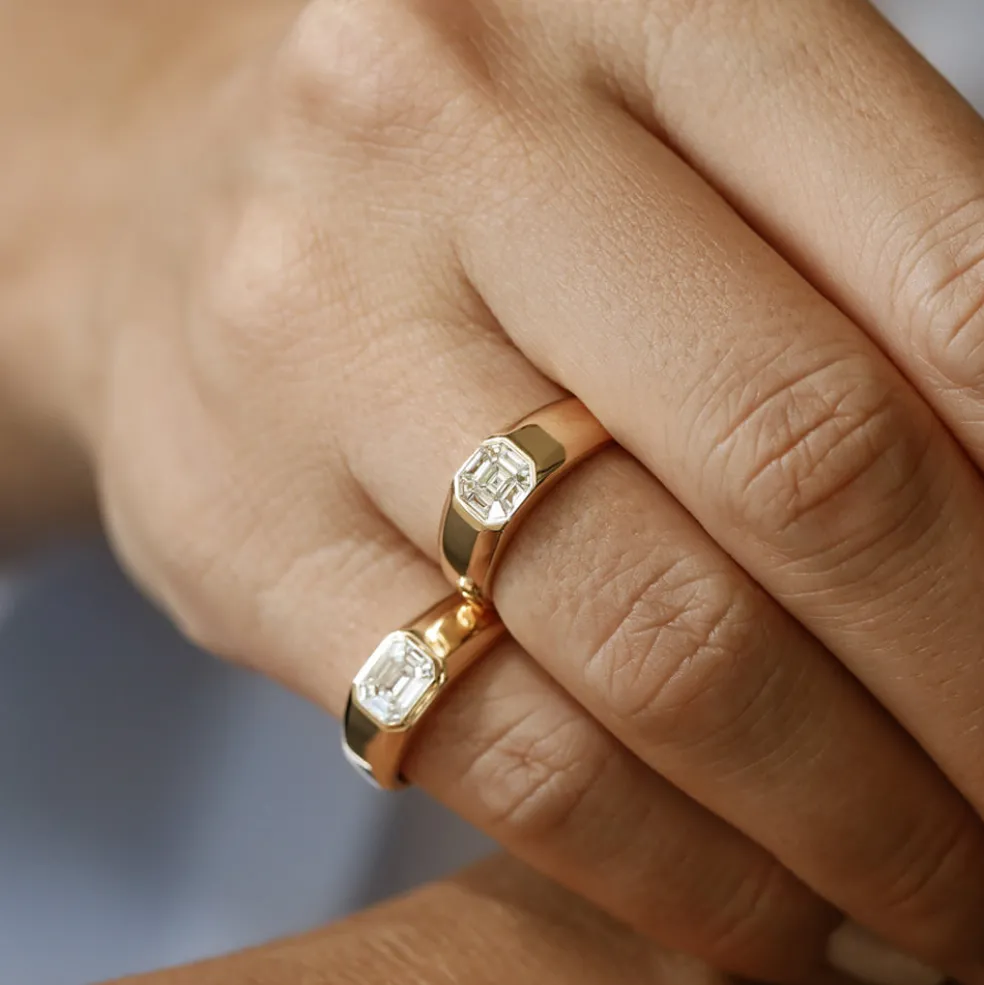 14k Asscher Cut Illusion Mosaic Solitaire Pinky Ring