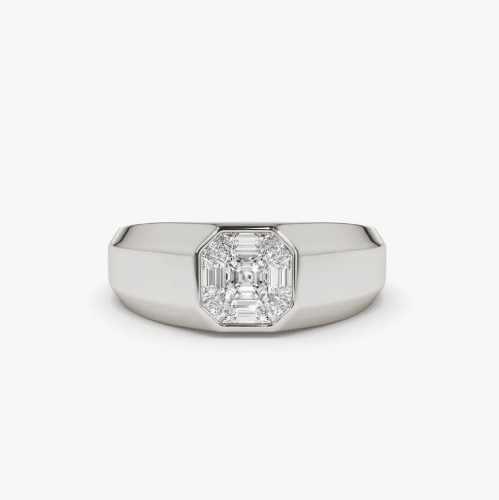 14k Asscher Cut Illusion Mosaic Solitaire Pinky Ring
