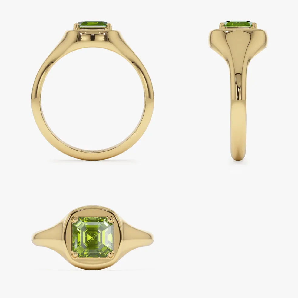 14K Asscher Cut Peridot Signet Ring