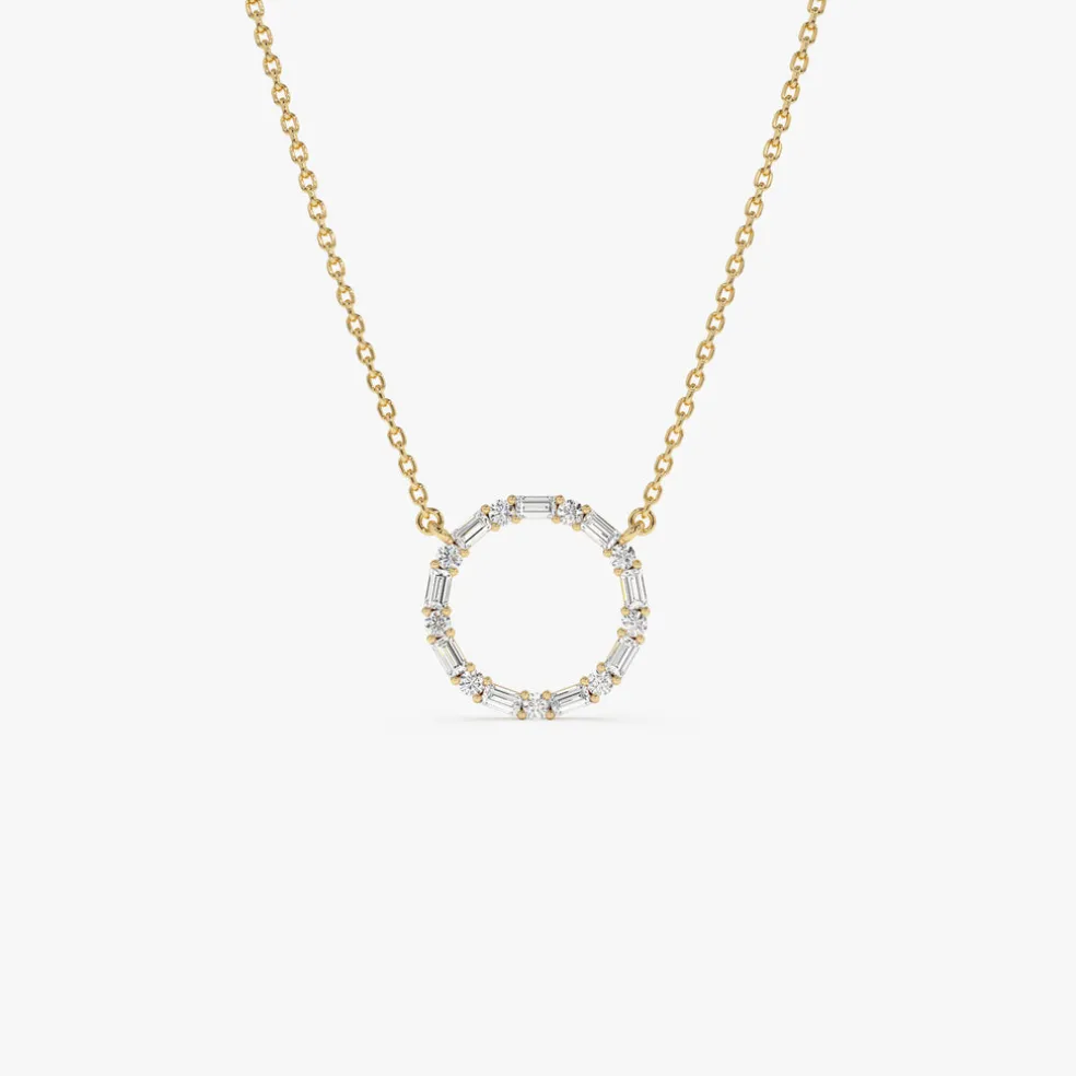 14k Baguette & Round Diamond Circle Necklace