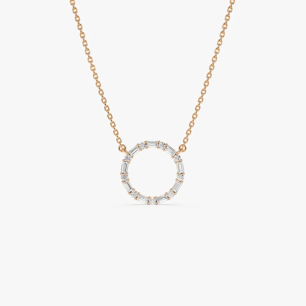 14k Baguette & Round Diamond Circle Necklace