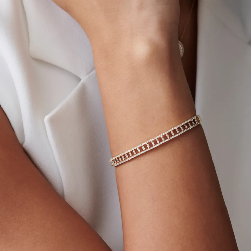 14K Baguette & Round Diamond Bangle Bracelet