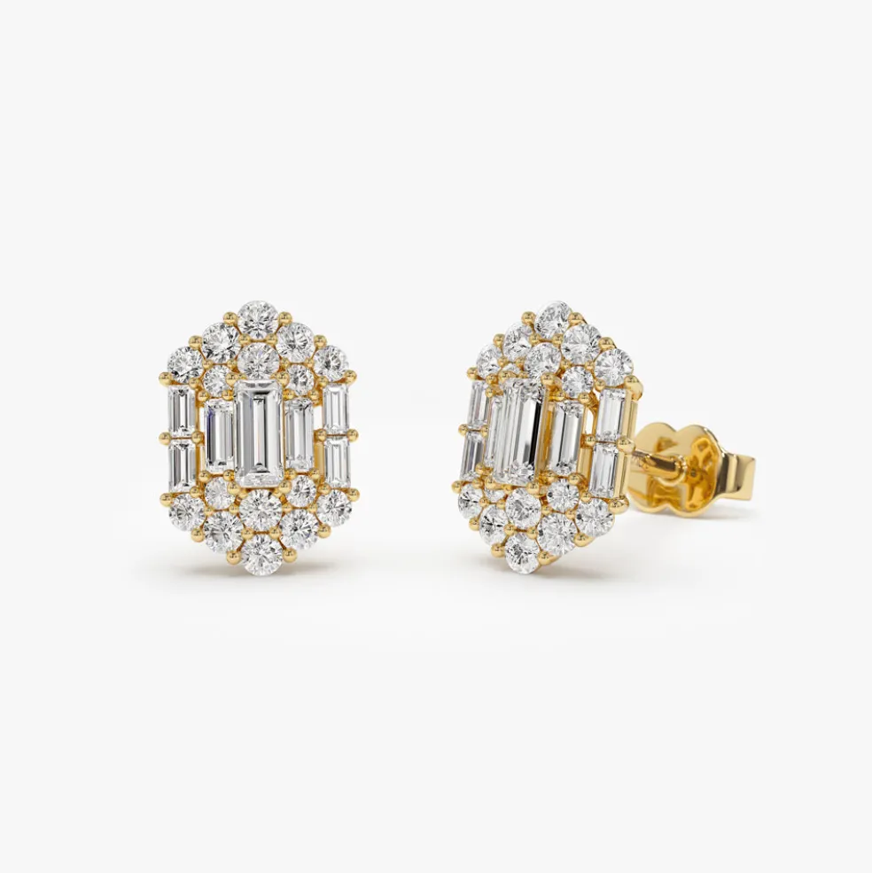 14k Baguette & Round Diamond Hexagon Studs
